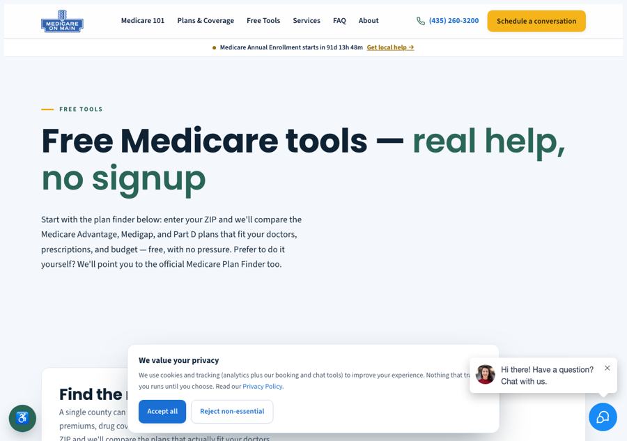Free Medicare tools page — cost calculator, Plan G vs Plan N comparison, eligibility checker